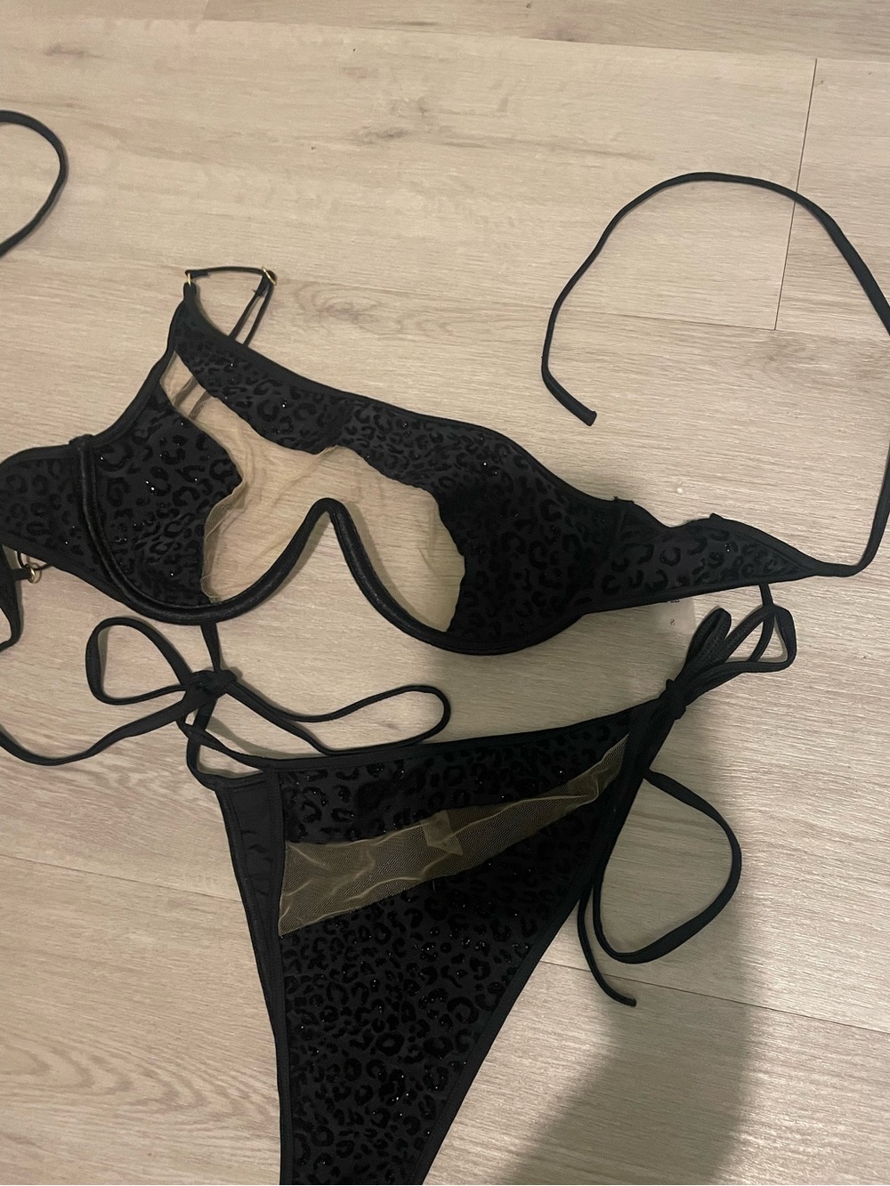 God Save Queens Mesh Leopard Black Bikini Set